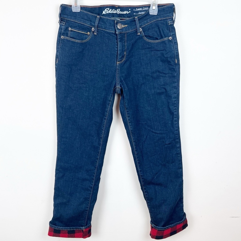Eddie Bauer Women's Straight Leg Jeans - Dark Blue with Red Plaid Cuff